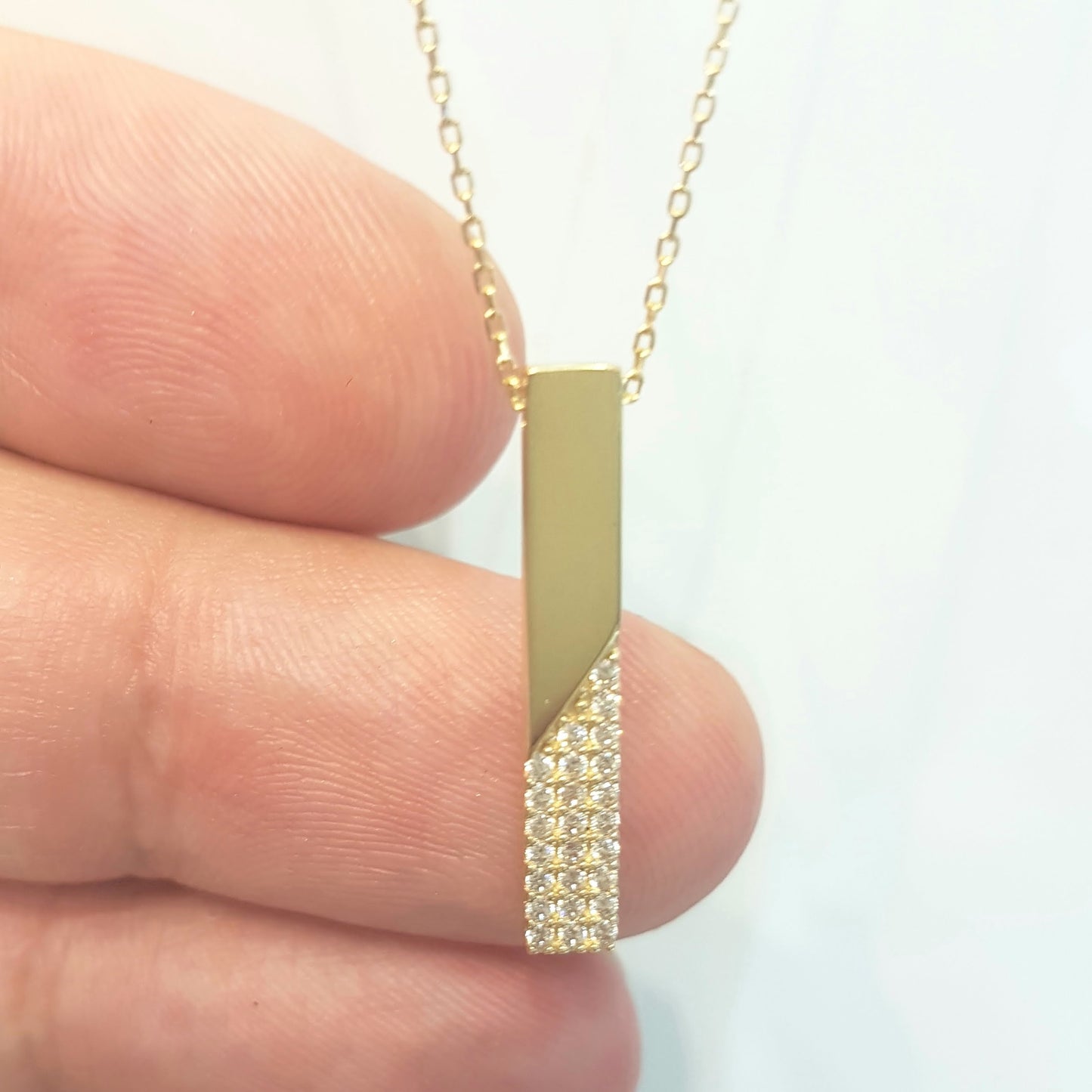 14K Real Gold Vertical Coordinate Bar Design with Diomand Cut Zirconia Stones Dainty Charm Elegant Cute Trendy Pendant Necklace Best Birthday Gift for Women Jewelry girl friend mother mom grandma