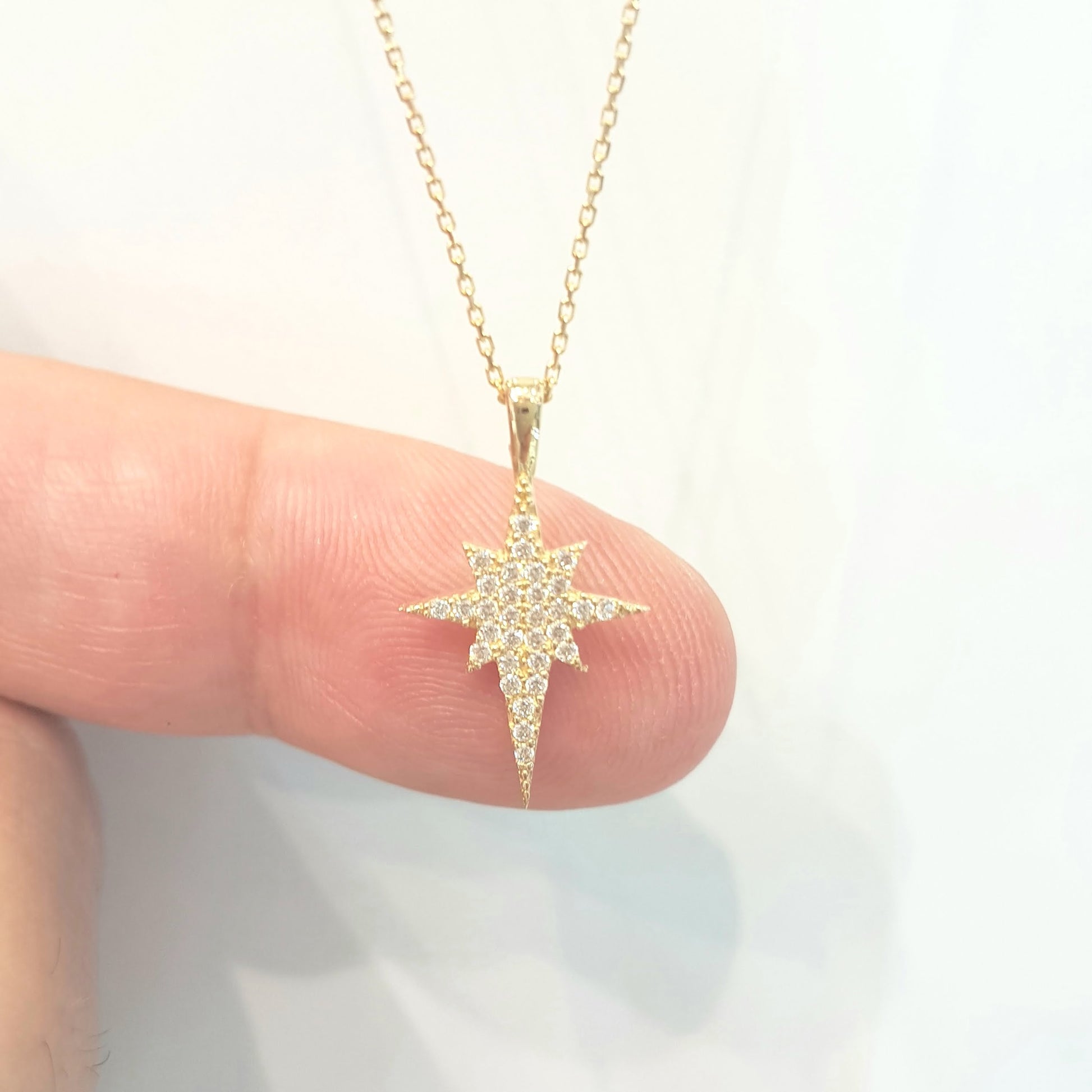 14K Real Solid Gold North Star Pendant Necklace with White Zirconia Stones Cute Charm Dainty Delicate Trendy Elegant Best Birthday Christmas Gift for Women Wife Her Grandma Girls