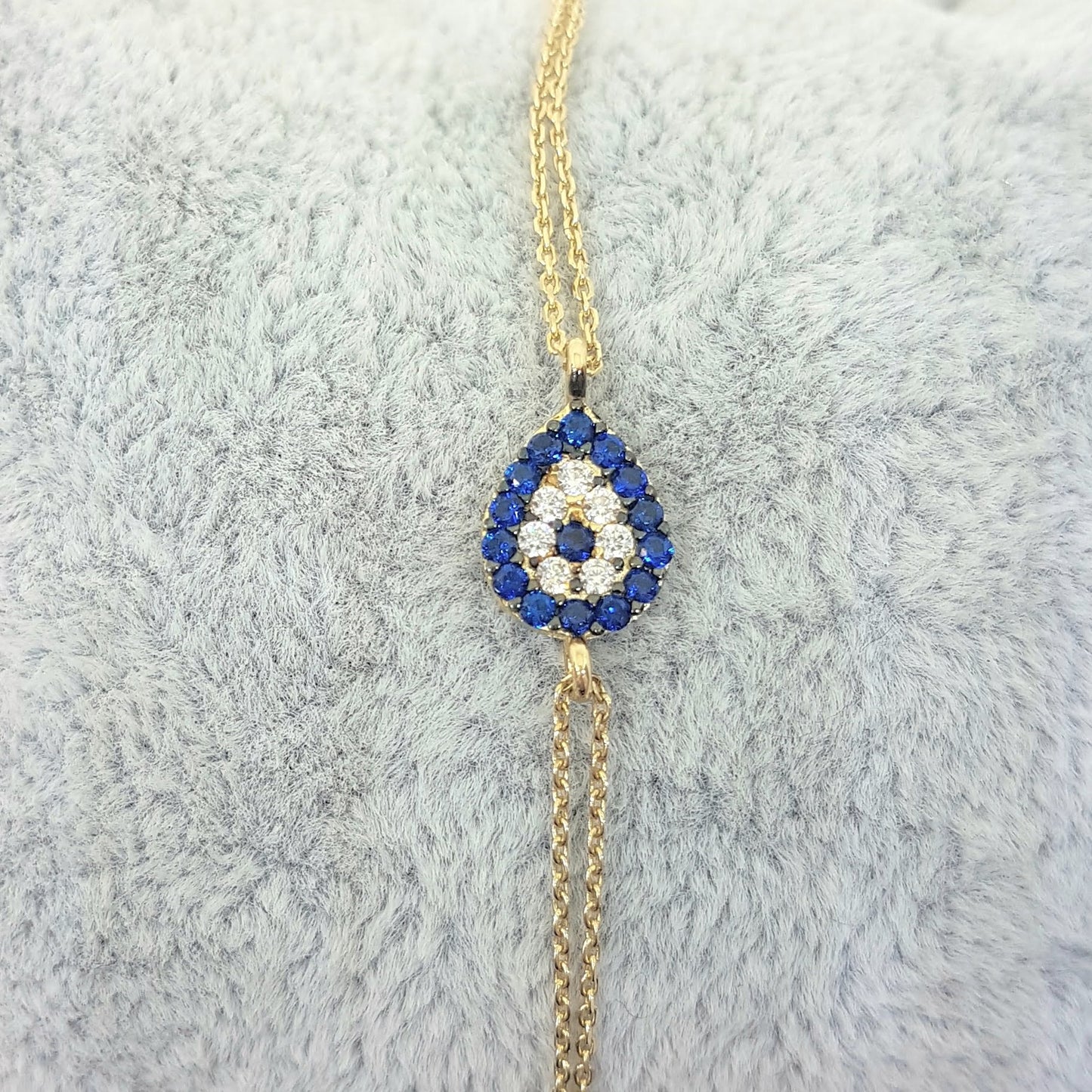 Evil Eye 14K Solid Gold Eye Drop Design with Navy Blue and White Zirconia Stones Tiny, Dainty,Delicate and Trendy Bracelet best gift for women