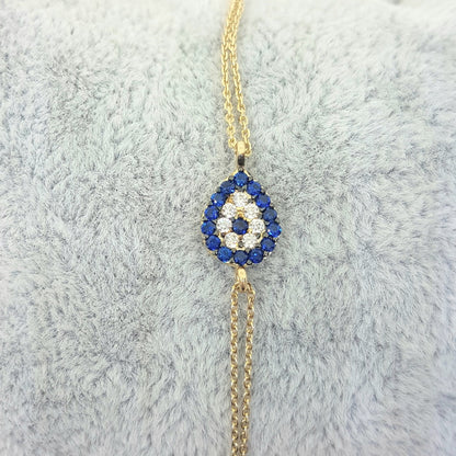 Evil Eye 14K Solid Gold Eye Drop Design with Navy Blue and White Zirconia Stones Tiny, Dainty,Delicate and Trendy Bracelet best gift for women