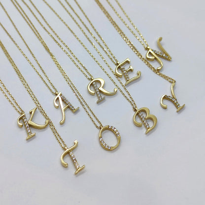 CZ Letter Necklace , CZ initial Necklace , 14K Solid Gold CZ Micro Pave Alphabet Letter Initial Charm Necklace for Women , Birthday Gift