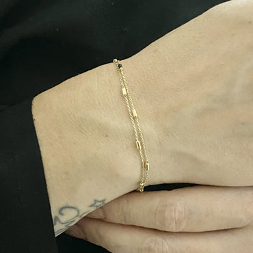 Chain Beaded Bracelet Gold , 14K Real Solid Gold Chain Beaded Pipe Bracelet for Women , Christmas Gifts for Mom , 14Kt Chain Link bracelet