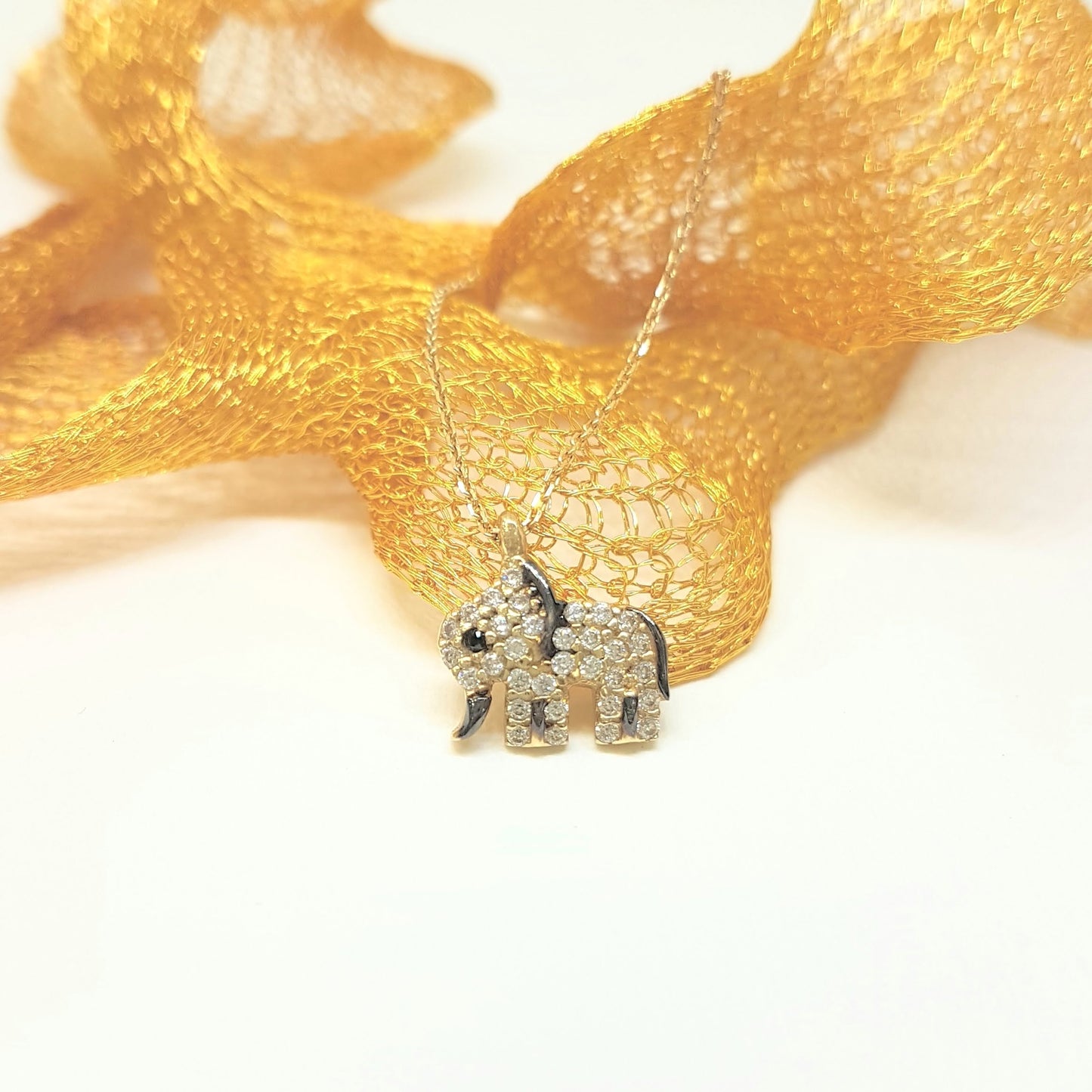 14K Real Solid Gold Elephant Pendant Necklace with White Zirconia Stones Cute Charm Dainty Best Birthday Gift for Women Good Luck