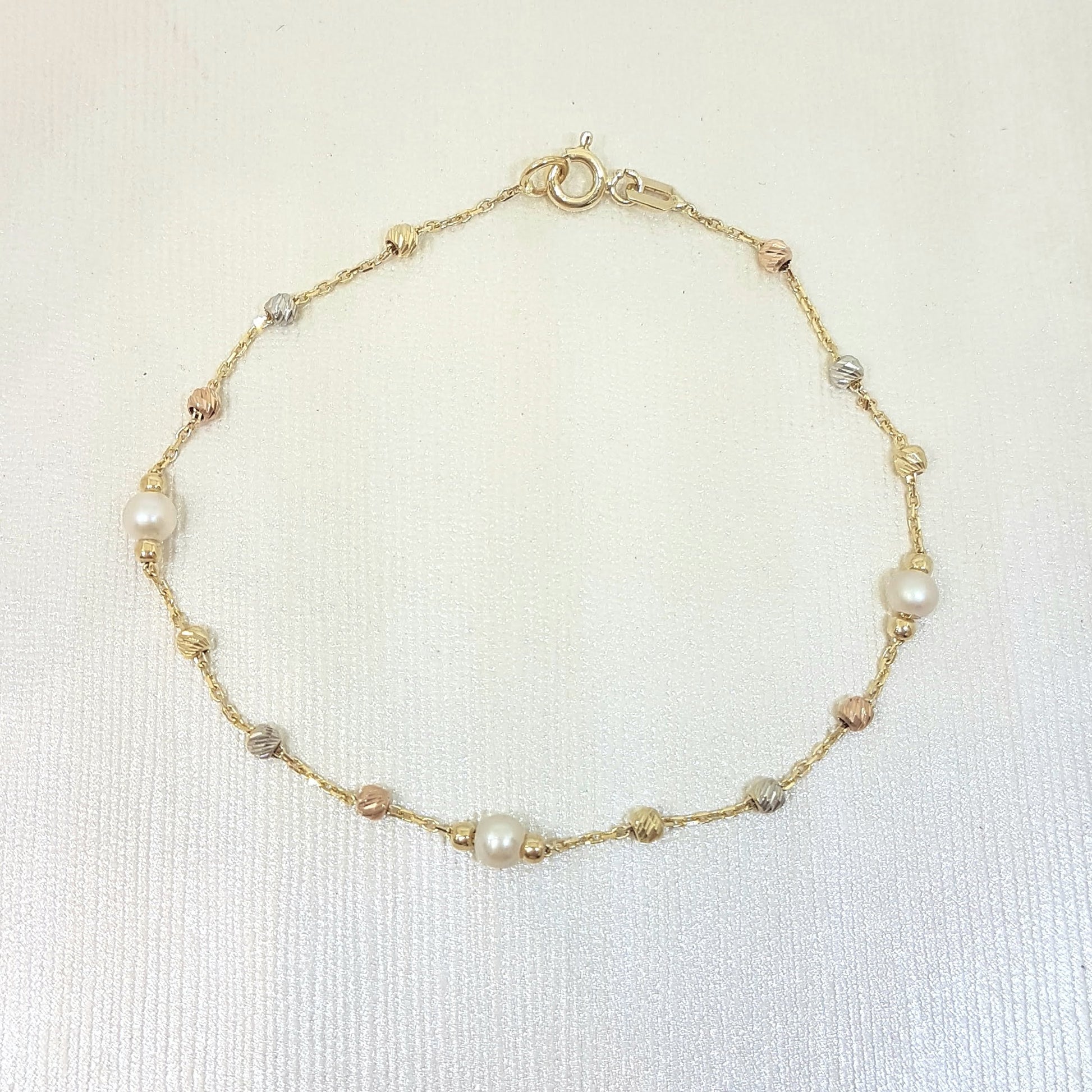 14K Real Solid Gold Bracelet Beaded Pearls and Italian Balls Design Best Birthday Gift for Women Mother Wife Girlfriend