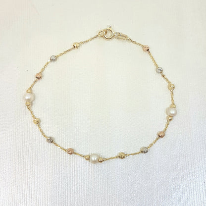 14K Real Solid Gold Bracelet Beaded Pearls and Italian Balls Design Best Birthday Gift for Women Mother Wife Girlfriend