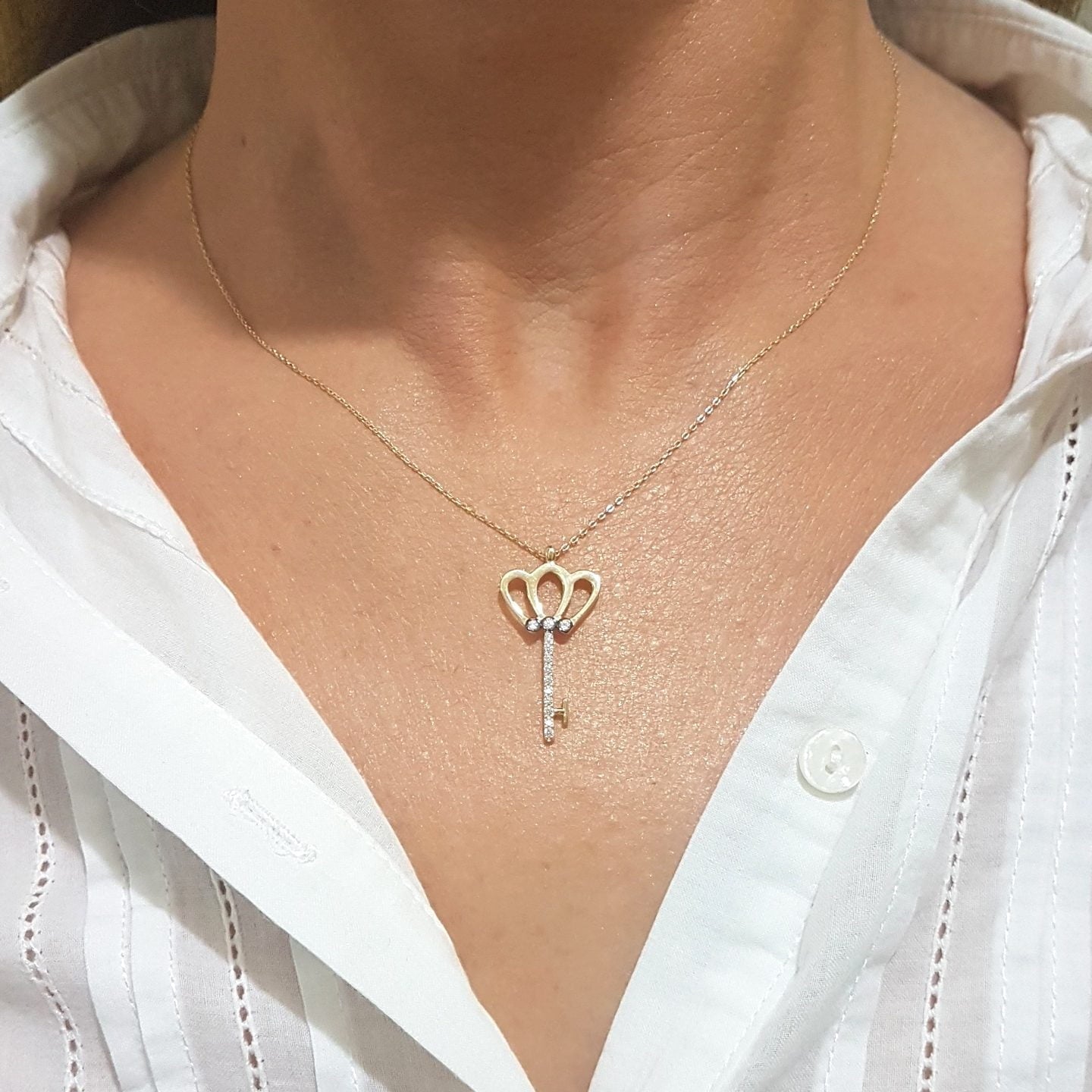 14K Real Solid Gold Key Design with Zirconia Stones Cute Charm Elegant Dainty Delicate Pendant Necklace best birthday gift for Women Jewelry girlfriend Unlock My Heart