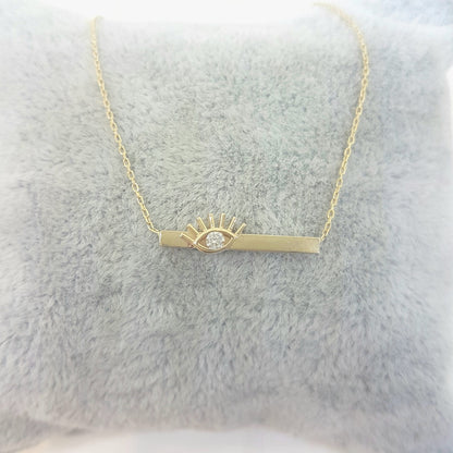 14K Gold Evil Eye Dainty Charm Pendant Necklace Design Eyelash on Bar with Zirconia Stone for Women Lucky Jewelry Hamsa Nazar Turkish Protection