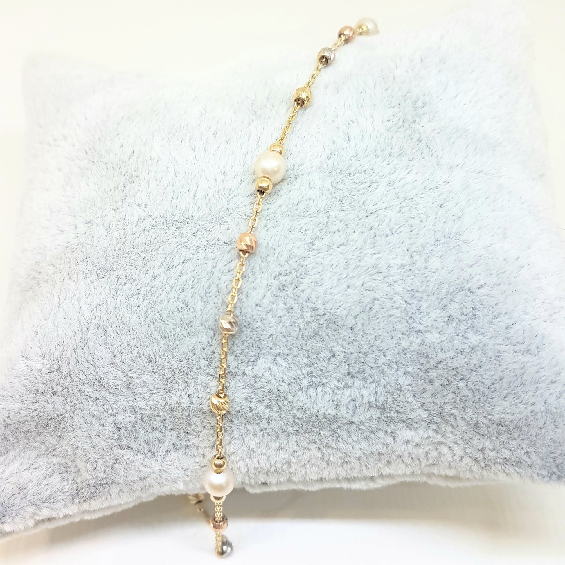 14K Real Solid Gold Bracelet Beaded Pearls and Italian Balls Design Best Birthday Gift for Women Mother Wife Girlfriend