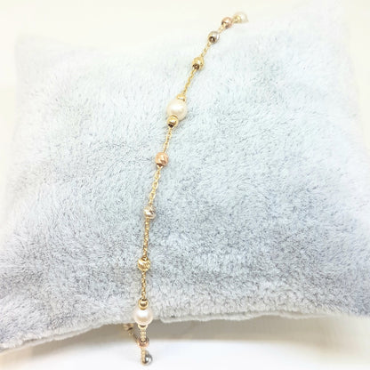 14K Real Solid Gold Bracelet Beaded Pearls and Italian Balls Design Best Birthday Gift for Women Mother Wife Girlfriend