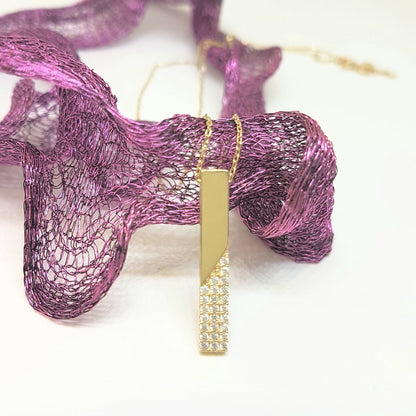 14K Real Gold Vertical Coordinate Bar Design with Diomand Cut Zirconia Stones Dainty Charm Elegant Cute Trendy Pendant Necklace Best Birthday Gift for Women Jewelry girl friend mother mom grandma