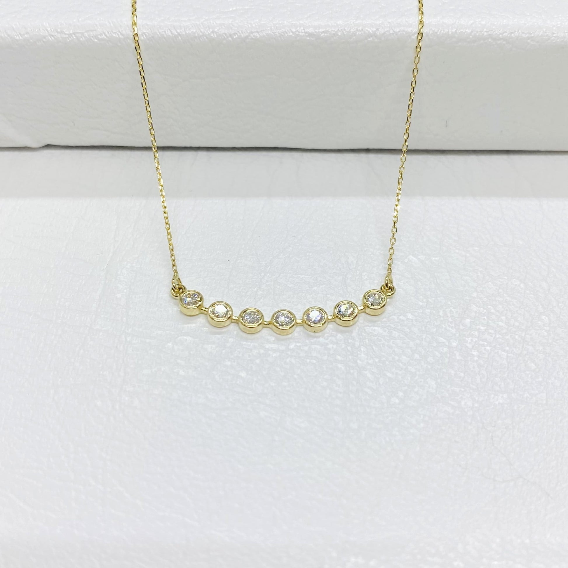 Diamond Necklace for Women , 14K Solid Gold Curved Bar Bezel Diamond Necklace, Bridesmaid Gift , Sparkle Pave Dainty Diamond Jewelry