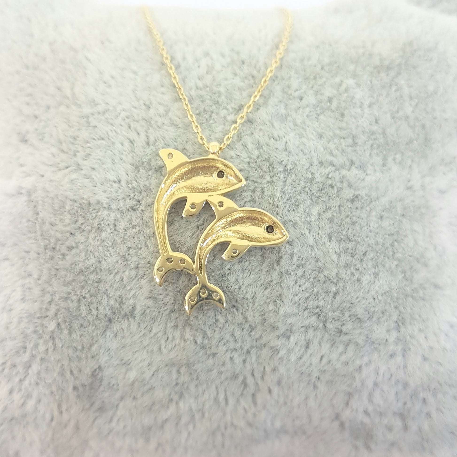 Double Dolphin Pendant Necklace for Women 14k Real Solid Gold Charm Dainty Good Luck