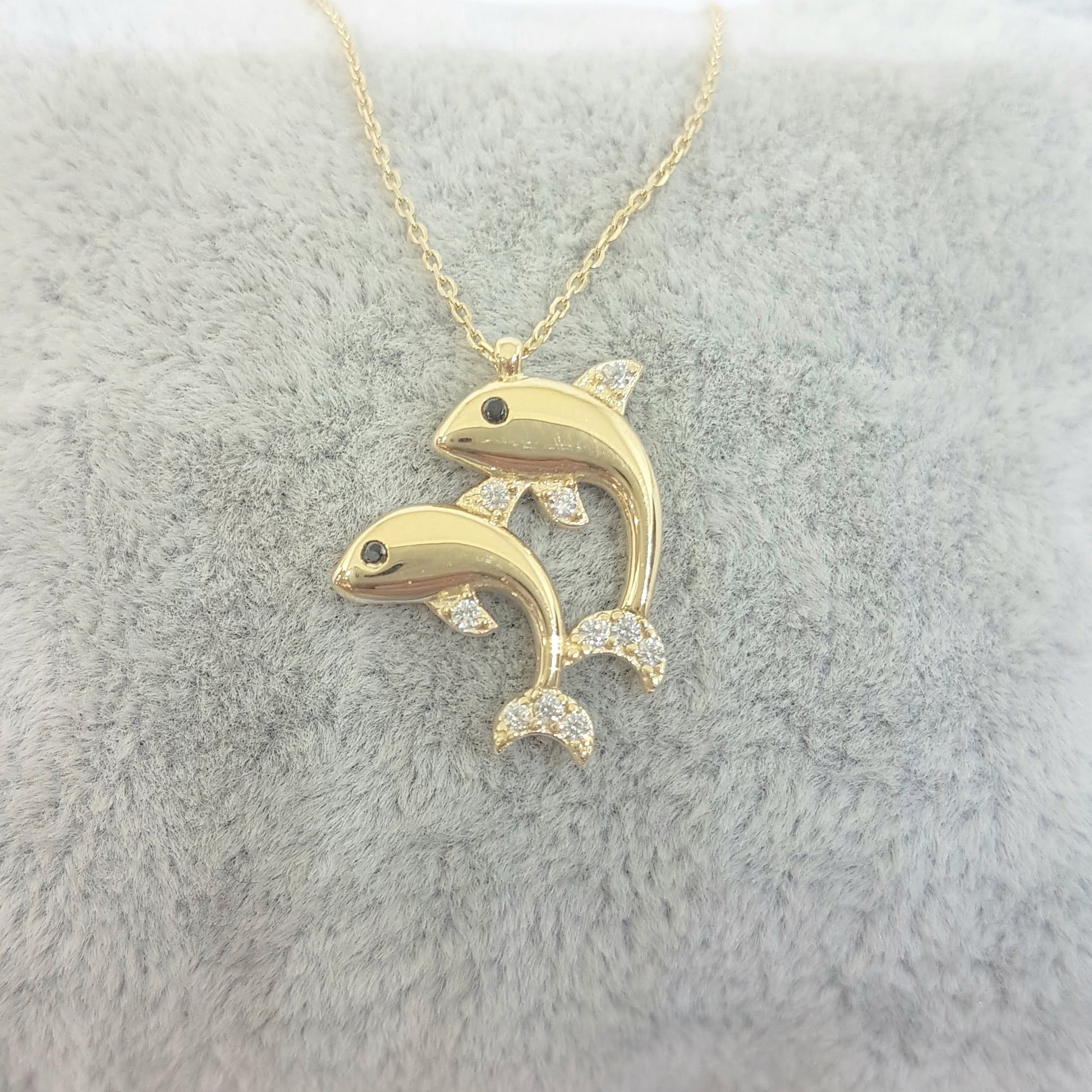 Double Dolphin Pendant Necklace for Women 14k Real Solid Gold Charm Dainty Good Luck