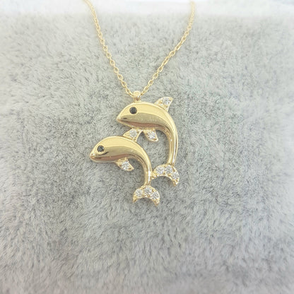 Double Dolphin Pendant Necklace for Women 14k Real Solid Gold Charm Dainty Good Luck