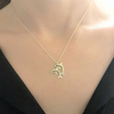 Double Dolphin Pendant Necklace for Women 14k Real Solid Gold Charm Dainty Good Luck