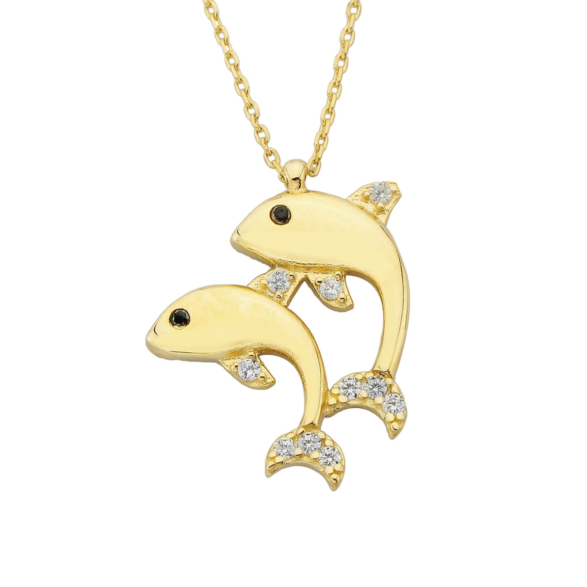 Double Dolphin Pendant Necklace for Women 14k Real Solid Gold | Charm Dainty Good Luck jewelry Birthday Mother's Day Christmas Gift
