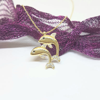 Double Dolphin Pendant Necklace for Women 14k Real Solid Gold Charm Dainty Good Luck