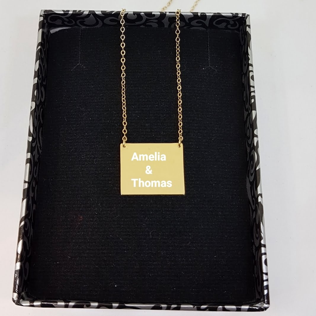14K Gold Rectangle Plate Engravable Customize Memorial Personalized Forever Remember Name Date Text Charm Delicate Initial Trendy Pendant Necklace Best Birthday Anniversary Gift for Women