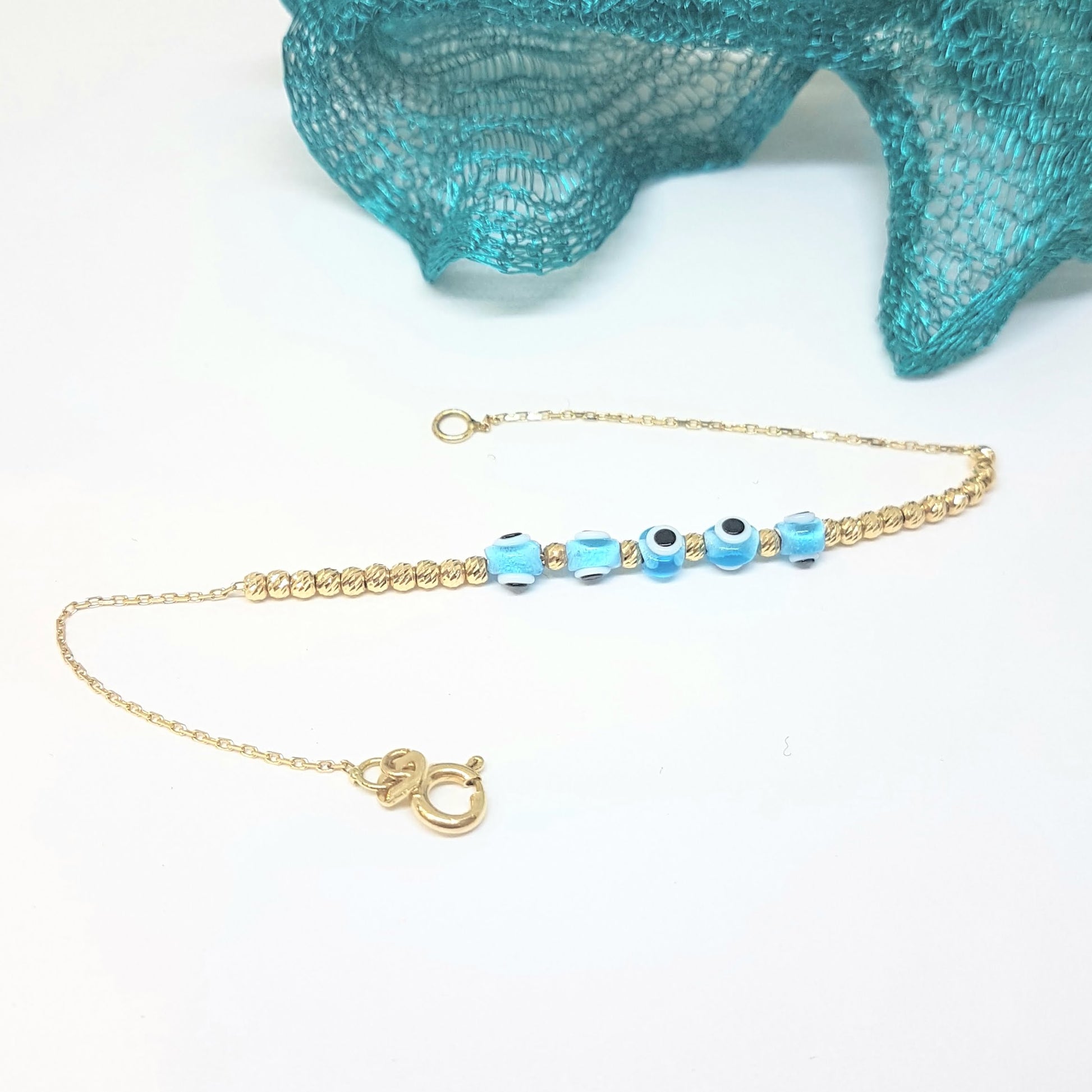 Evil Eye Beaded Bracelet with Italian Balls for Kids Teen Girls 14K Gold Real Solid Lucky Luck Nazar Protection Birthday Gift