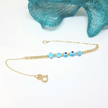 Evil Eye Beaded Bracelet with Italian Balls for Kids Teen Girls 14K Gold Real Solid Lucky Luck Nazar Protection Birthday Gift