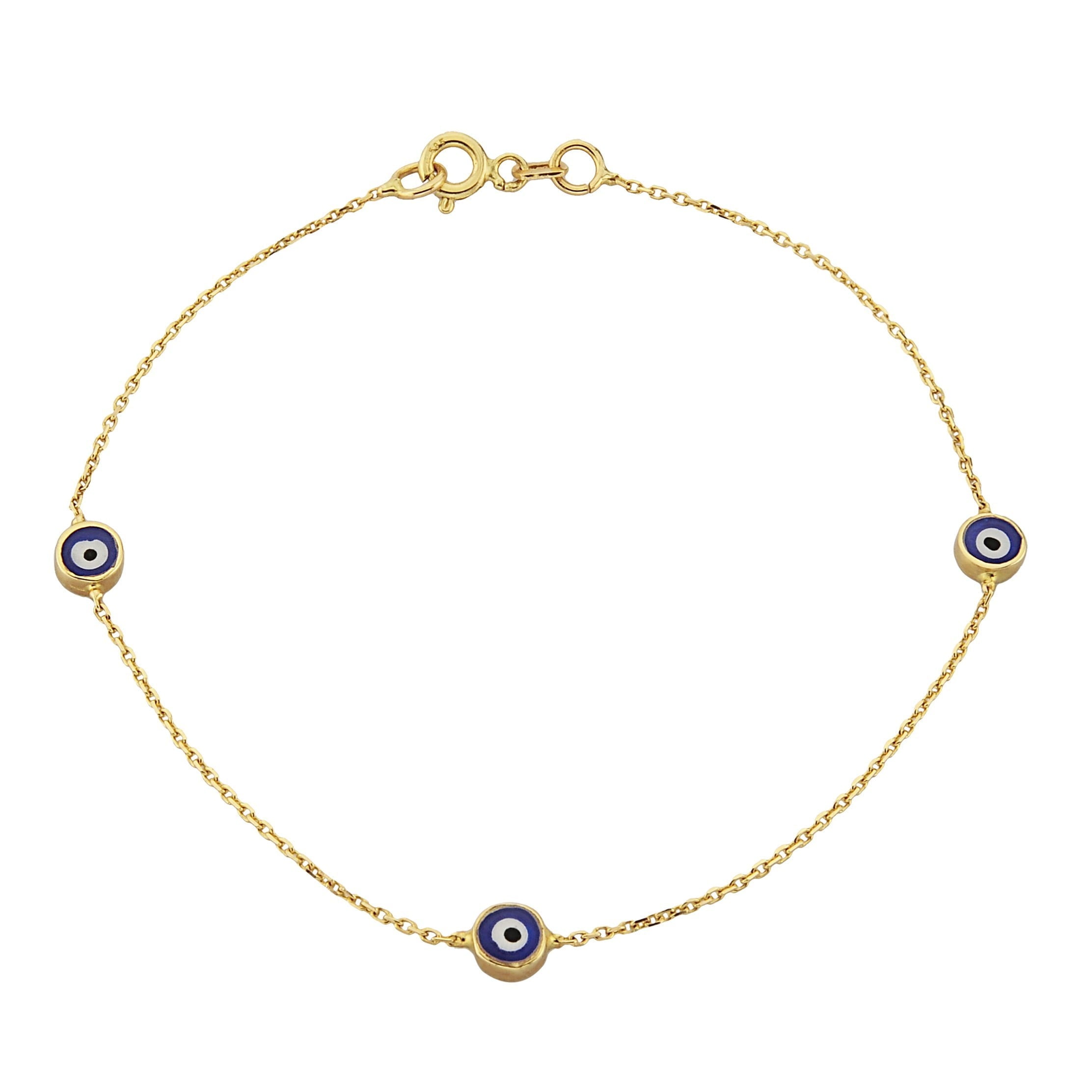 Evil Eye Bracelet Triple Lucky Luck Nazar Protection For Women Jewelry 14K Yellow Gold Charm Dainty Navy Blue or Turquoise handmade turkish greek birthday gift