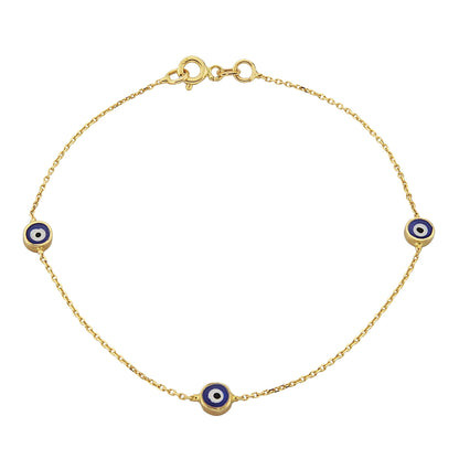 Evil Eye Bracelet Triple Lucky Luck Nazar Protection For Women Jewelry 14K Yellow Gold Charm Dainty Navy Blue or Turquoise handmade turkish greek birthday gift