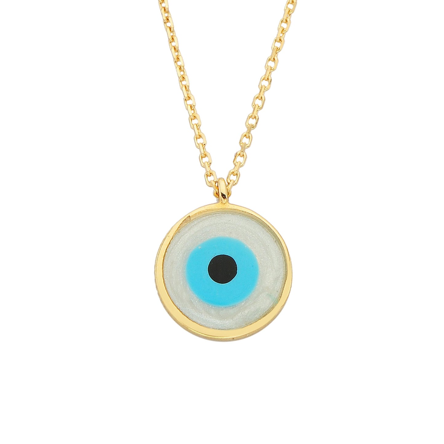 Evil Eye Mother of Pearl Necklace Lucky Luck Nazar Protection For Women 14K Yellow Gold Round Pendant Jewelry Birthday Mother's Day Christmas Gift