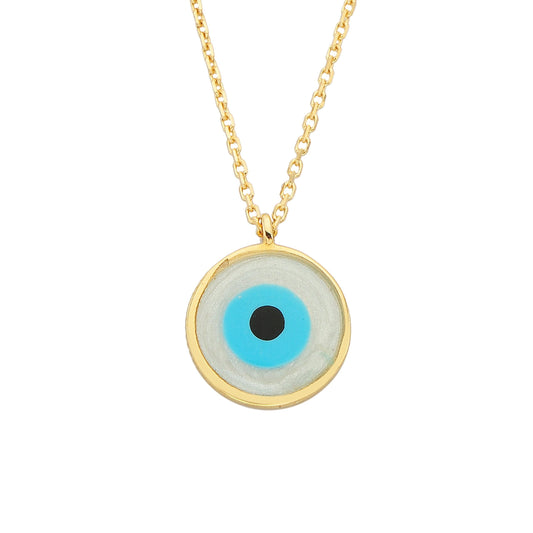 Evil Eye Mother of Pearl Necklace Lucky Luck Nazar Protection For Women 14K Yellow Gold Round Pendant Jewelry Birthday Mother's Day Christmas Gift