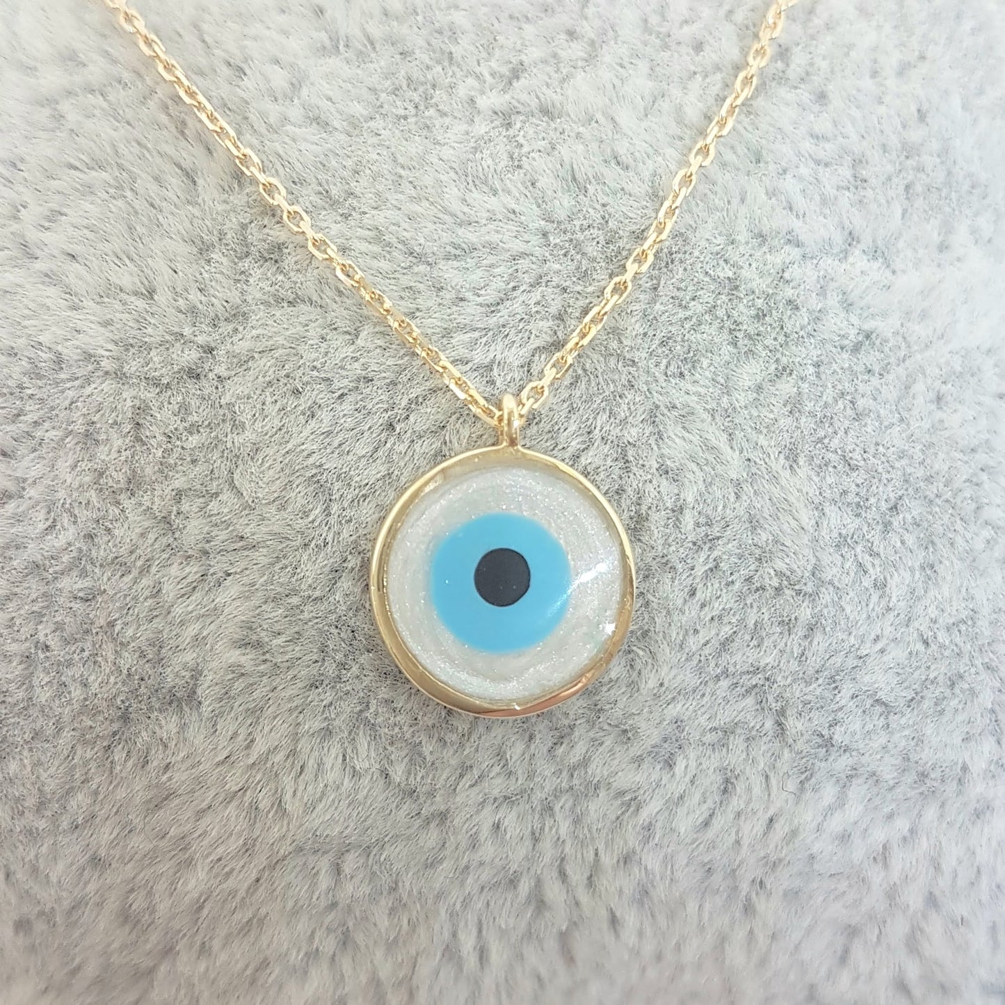 Evil Eye Mother of Pearl Necklace Lucky Luck Nazar Protection For Women 14K Yellow Gold Round Pendant Jewelry