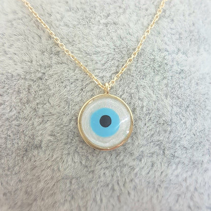 Evil Eye Mother of Pearl Necklace Lucky Luck Nazar Protection For Women 14K Yellow Gold Round Pendant Jewelry