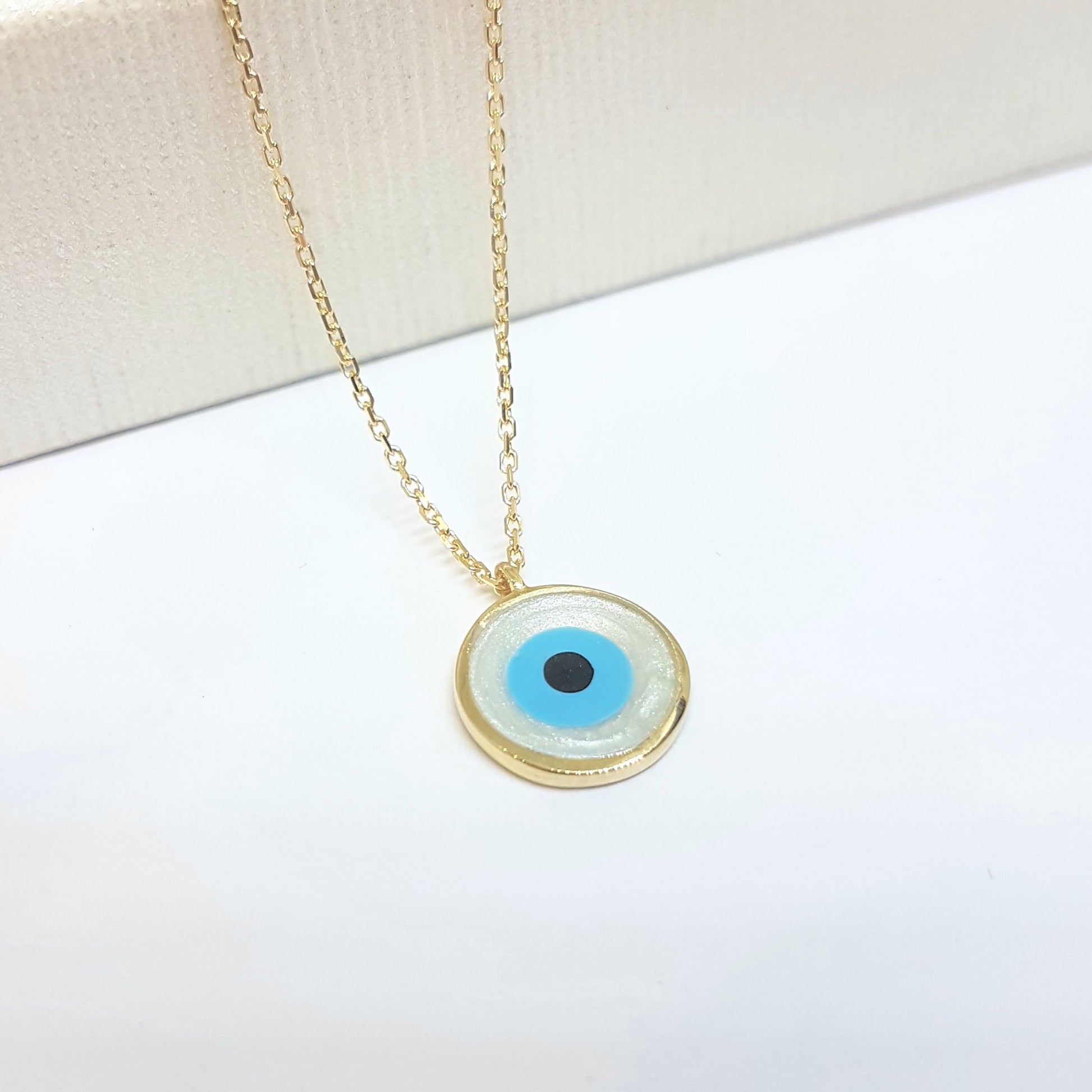 Evil Eye Mother of Pearl Necklace Lucky Luck Nazar Protection For Women 14K Yellow Gold Round Pendant Jewelry