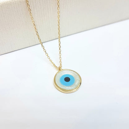 Evil Eye Mother of Pearl Necklace Lucky Luck Nazar Protection For Women 14K Yellow Gold Round Pendant Jewelry