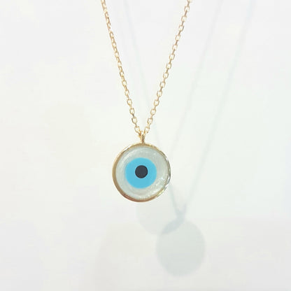 Evil Eye Mother of Pearl Necklace Lucky Luck Nazar Protection For Women 14K Yellow Gold Round Pendant Jewelry