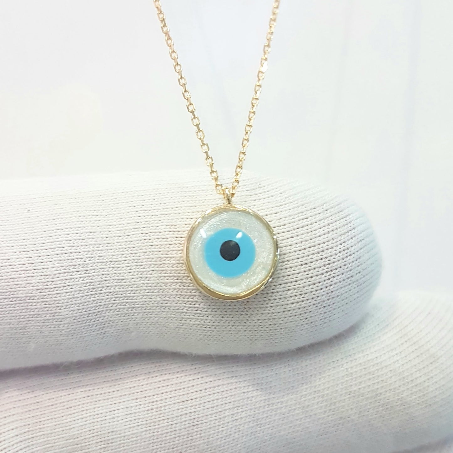 Evil Eye Mother of Pearl Necklace Lucky Luck Nazar Protection For Women 14K Yellow Gold Round Pendant Jewelry
