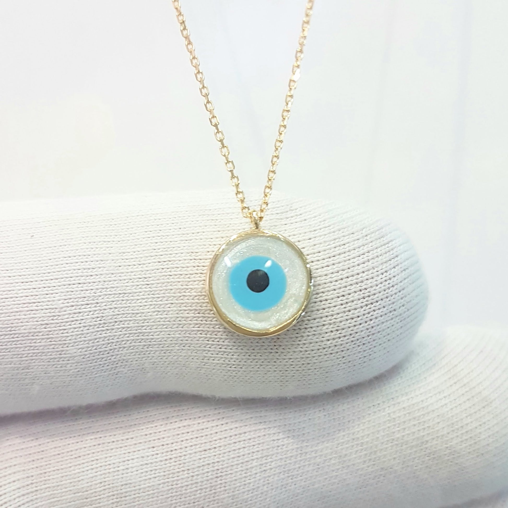 Evil Eye Mother of Pearl Necklace Lucky Luck Nazar Protection For Women 14K Yellow Gold Round Pendant Jewelry
