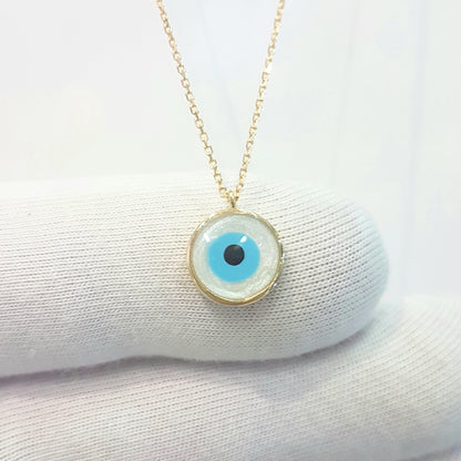 Evil Eye Mother of Pearl Necklace Lucky Luck Nazar Protection For Women 14K Yellow Gold Round Pendant Jewelry