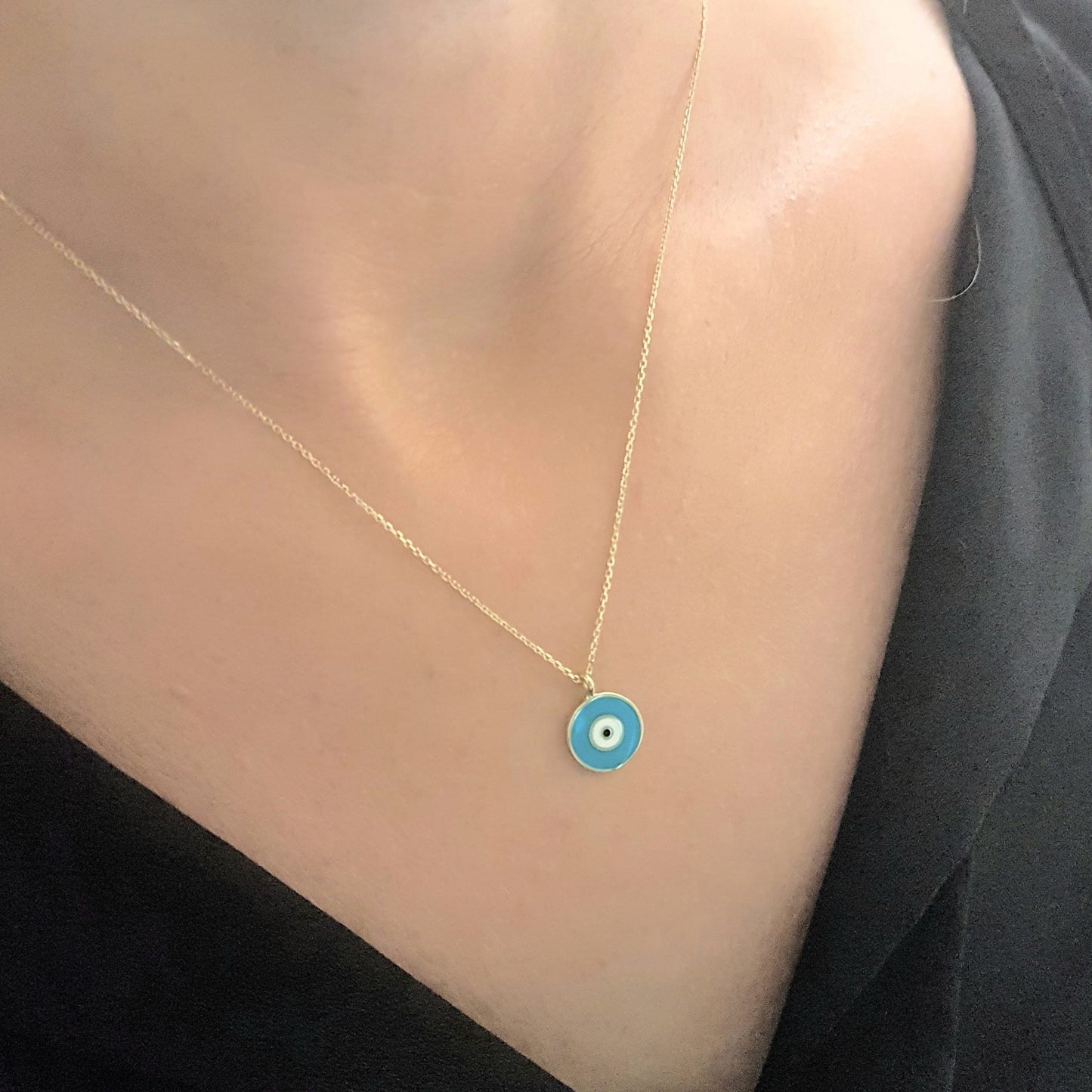 Evil Eye Necklace Lucky Luck Nazar Protection For Women 14K Yellow Gold Pendant Jewelry Turquoise White Navy Blue