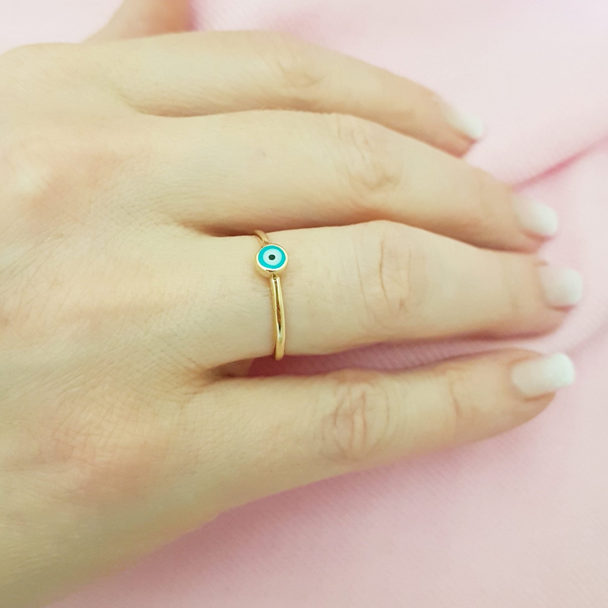 Evil Eye Ring Lucky Luck Nazar Protection For Women Jewelry 14K Yellow Gold Turquoise or Navy Blue