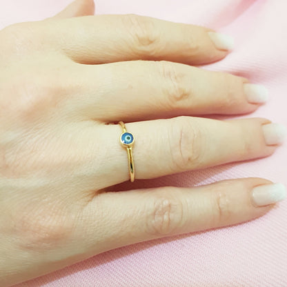 Evil Eye Ring Lucky Luck Nazar Protection For Women Jewelry 14K Yellow Gold Turquoise or Navy Blue