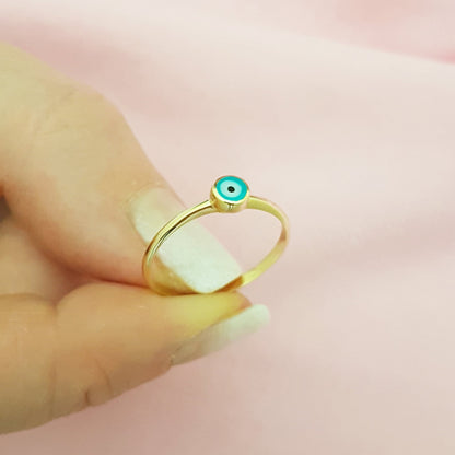 Evil Eye Ring Lucky Luck Nazar Protection For Women Jewelry 14K Yellow Gold Turquoise or Navy Blue