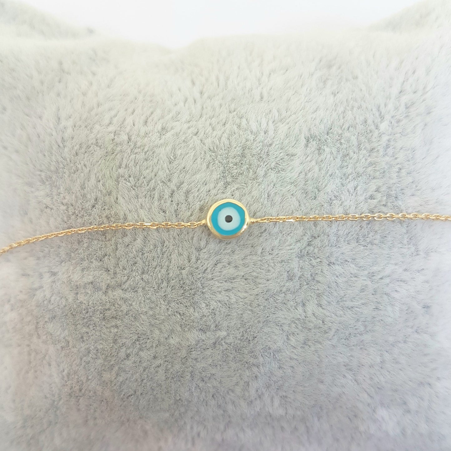 Evil Eye Single Bracelet Lucky Turkey Nazar Protection For Women Jewelry 14K Yellow Gold Tiny Charm Dainty Navy Blue or Turquoise