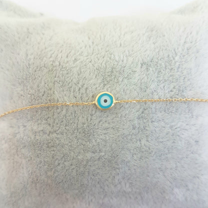 Evil Eye Single Bracelet Lucky Turkey Nazar Protection For Women Jewelry 14K Yellow Gold Tiny Charm Dainty Navy Blue or Turquoise