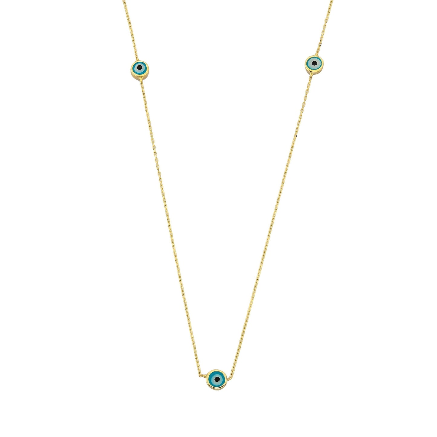 Evil Eye Trio Pendant Necklace Lucky Turkey Nazar Protection For Women Handmade Jewelry 14K Yellow Gold Charm Elegant Dainty Navy Blue Or Turquoise