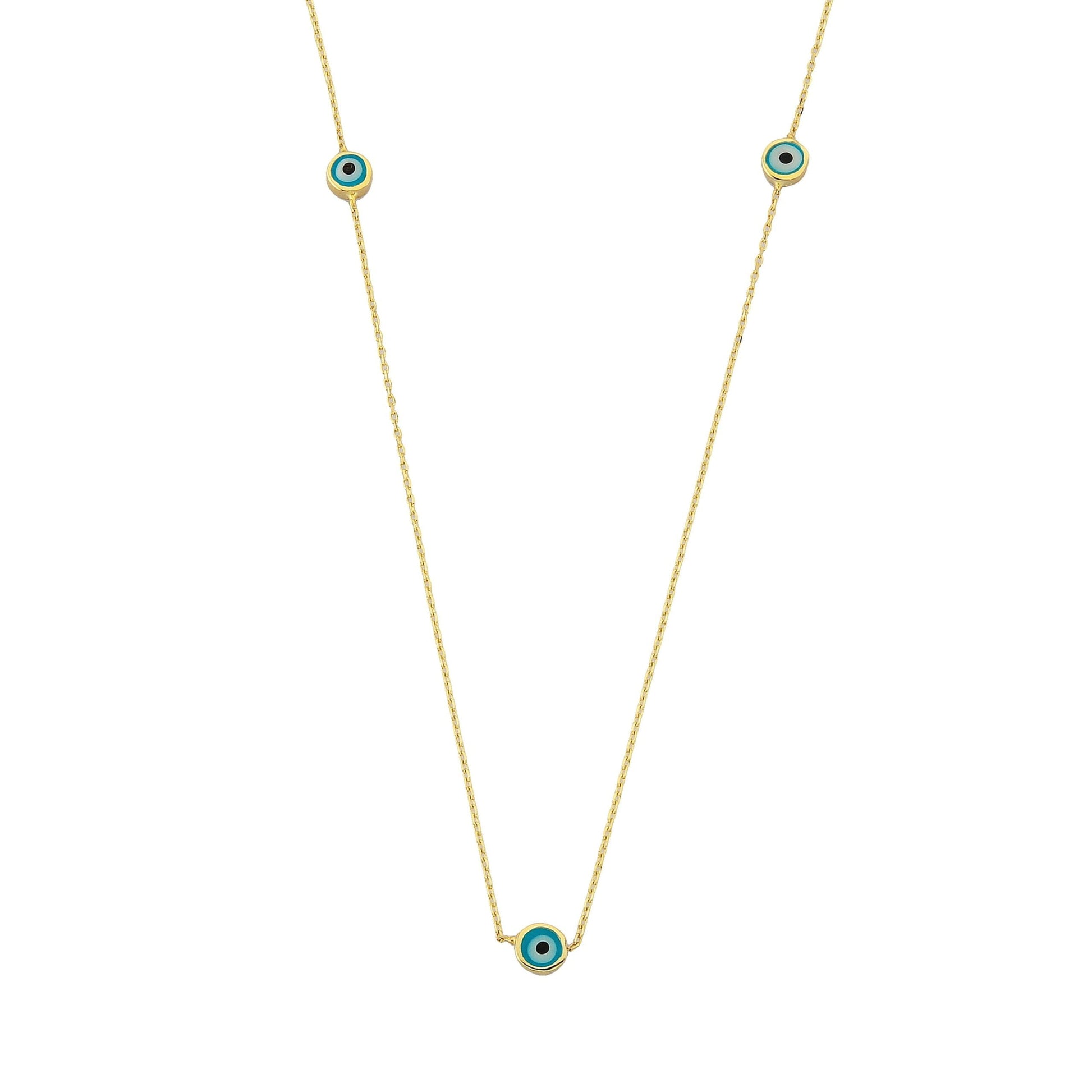 Evil Eye Trio Pendant Necklace Lucky Turkey Nazar Protection For Women Handmade Jewelry 14K Yellow Gold Charm Elegant Dainty Navy Blue Or Turquoise