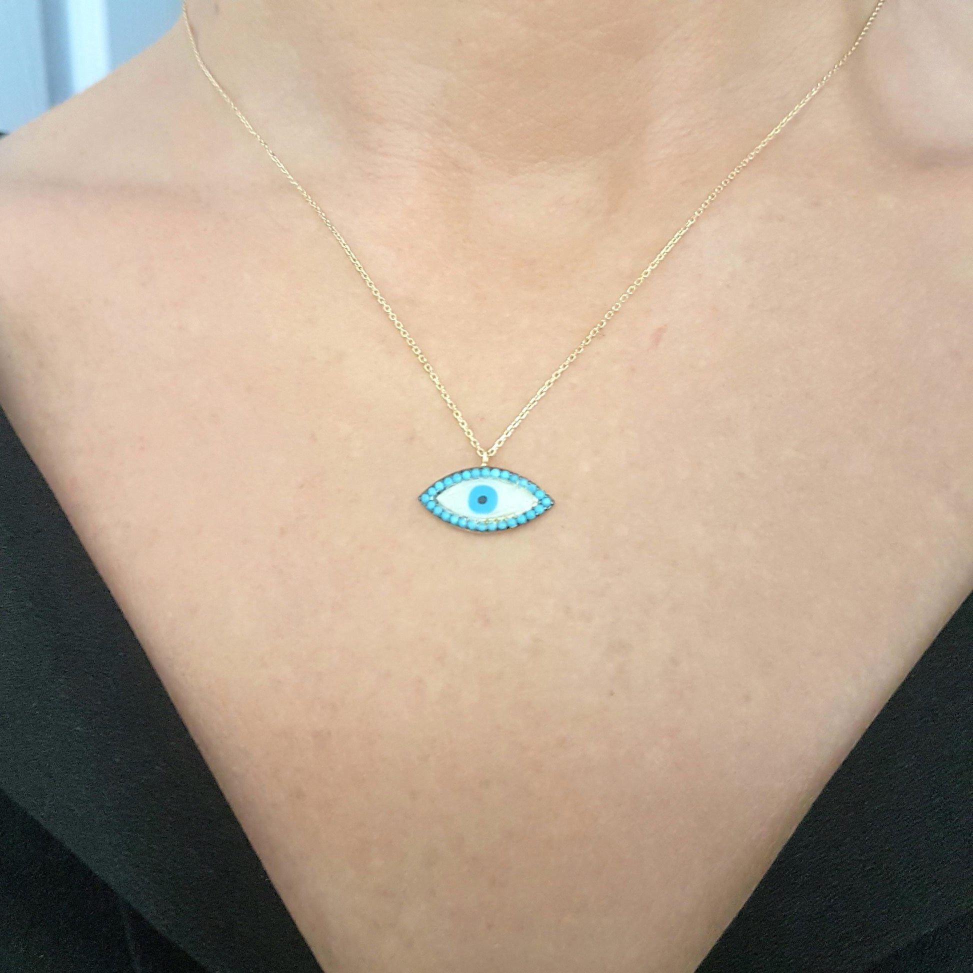 14K Real Solid Gold Lucky Evil Eye with Mother of Pearl Design Charm Dainty Delicate Trendy Turkish Evil Eye Cats Eye Faith Protection Pendant Necklace for Women Nazar