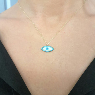 14K Real Solid Gold Lucky Evil Eye with Mother of Pearl Design Charm Dainty Delicate Trendy Turkish Evil Eye Cats Eye Faith Protection Pendant Necklace for Women Nazar