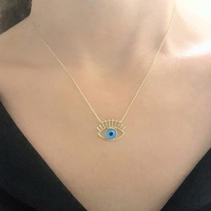 Eye Evil Eyelash Pendant Necklace for Women 14K Real Solid Gold Lucky Good Luck Blue