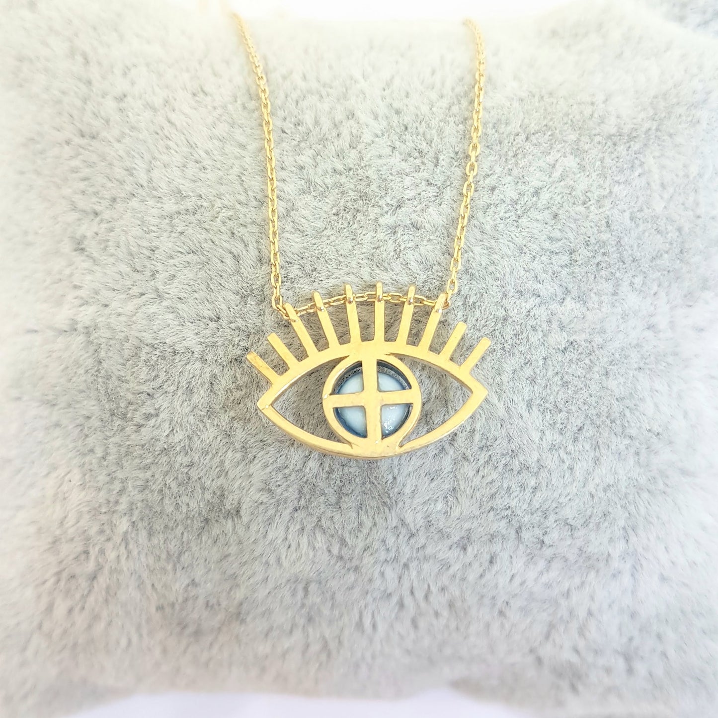 Eye Evil Eyelash Pendant Necklace for Women 14K Real Solid Gold Lucky Good Luck Blue