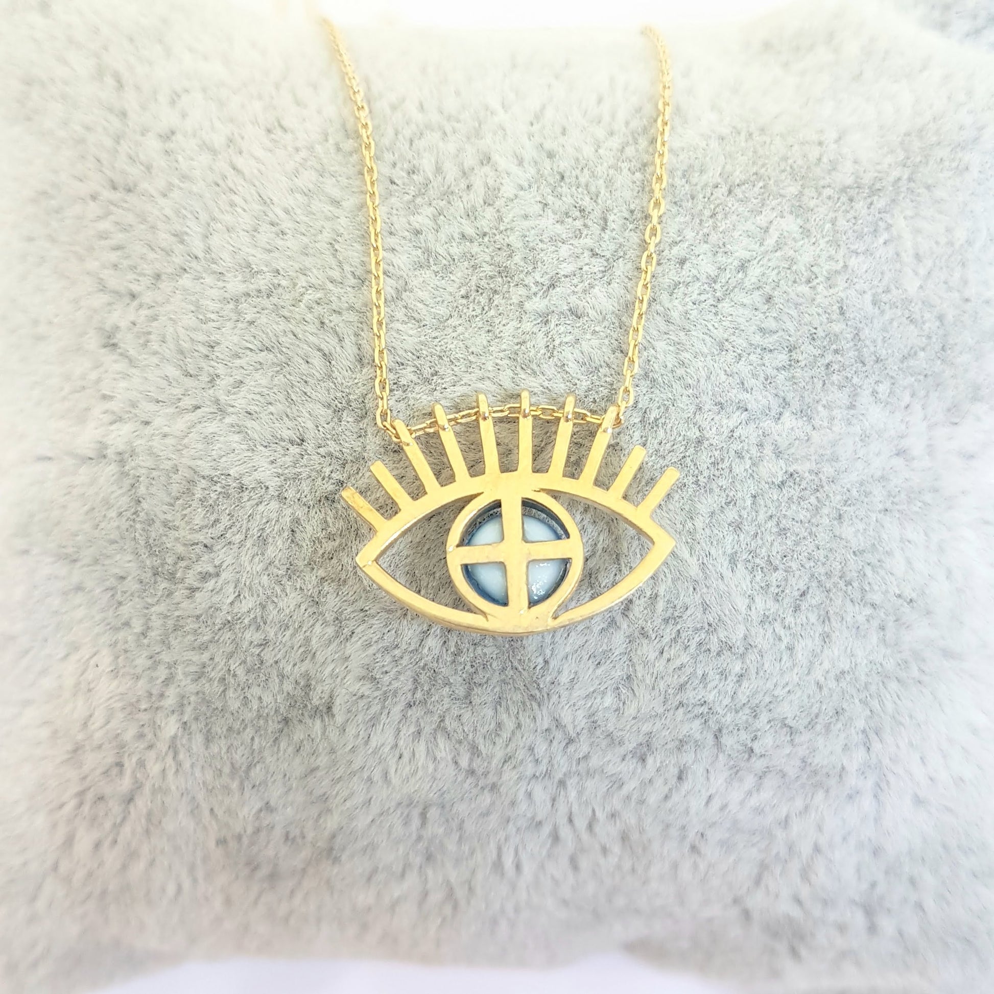 Eye Evil Eyelash Pendant Necklace for Women 14K Real Solid Gold Lucky Good Luck Blue