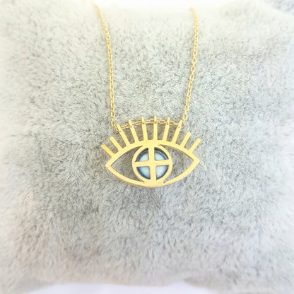Eye Evil Eyelash Pendant Necklace for Women 14K Real Solid Gold Lucky Good Luck Blue